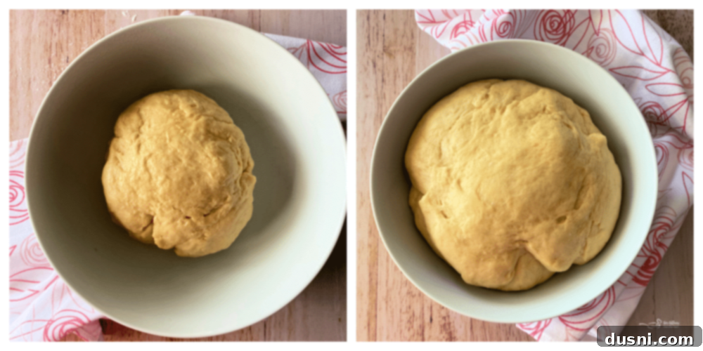 Step-by-step instruction showing dough being kneaded in a stand mixer for Russian Rose Bread