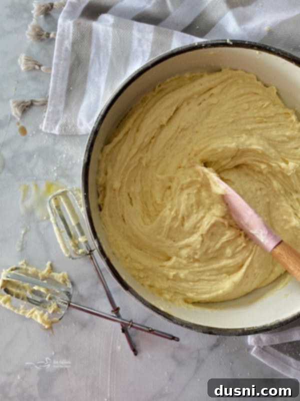 Close-up of fluffy sour cream coffee cake batter