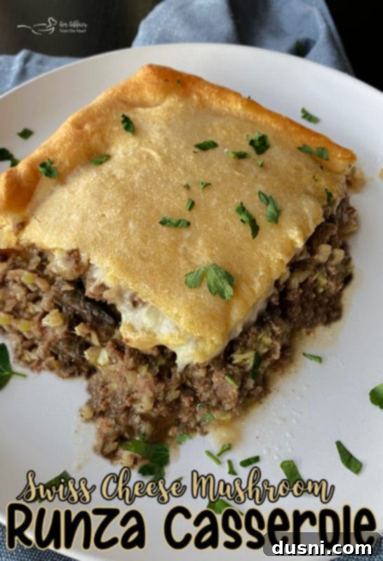 Hearty Swiss Mushroom Runza Bake 17 Slice of Runza Casserole on a white plate