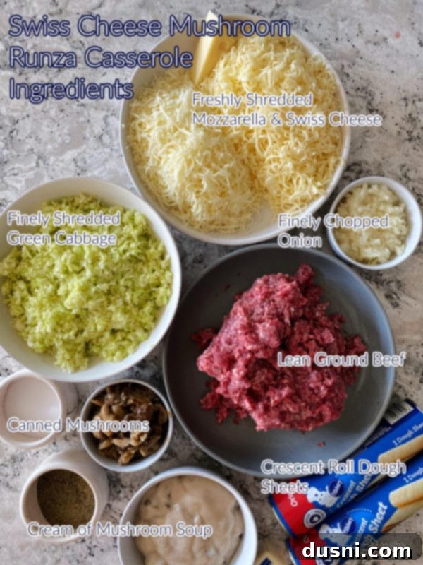 Hearty Swiss Mushroom Runza Bake 6 Fresh ingredients for Swiss Mushroom Runza Casserole laid out