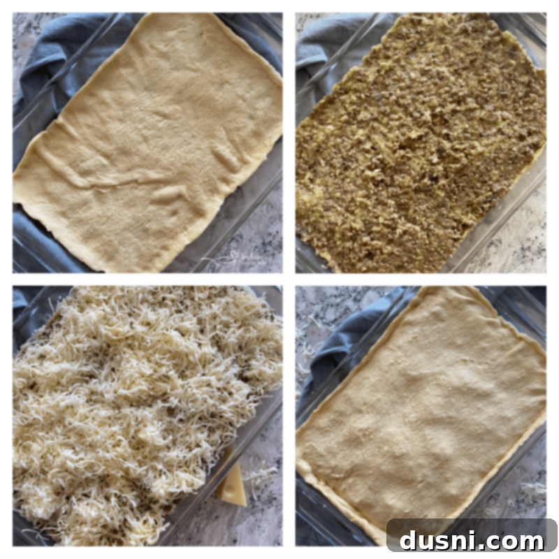 Hearty Swiss Mushroom Runza Bake 8 Prepared Runza Casserole filling layered in a baking dish