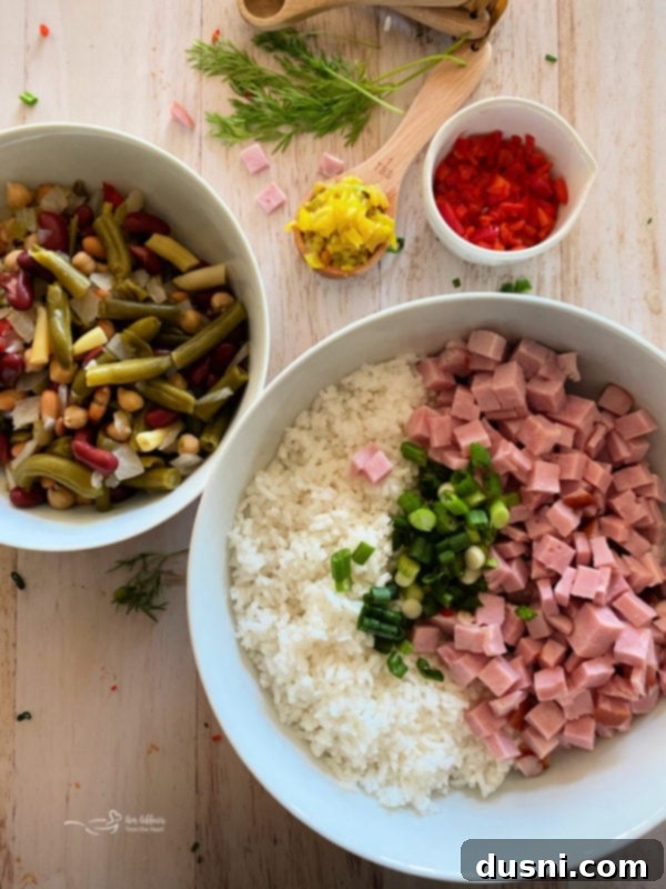 Five Bean Ham and Rice Salad 4 Close-up of the Five Bean Ham & Rice Salad with diced ham and beans clearly visible.