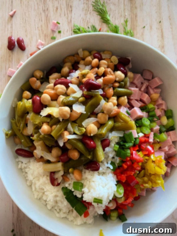 Five Bean Ham and Rice Salad 5 Ingredients for Five Bean Ham & Rice Salad in separate bowls.