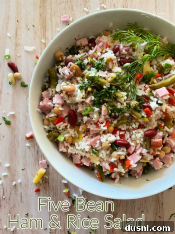 Five Bean Ham and Rice Salad 9 A close-up shot of the fresh ingredients mixed together in the Five Bean Ham & Rice Salad.