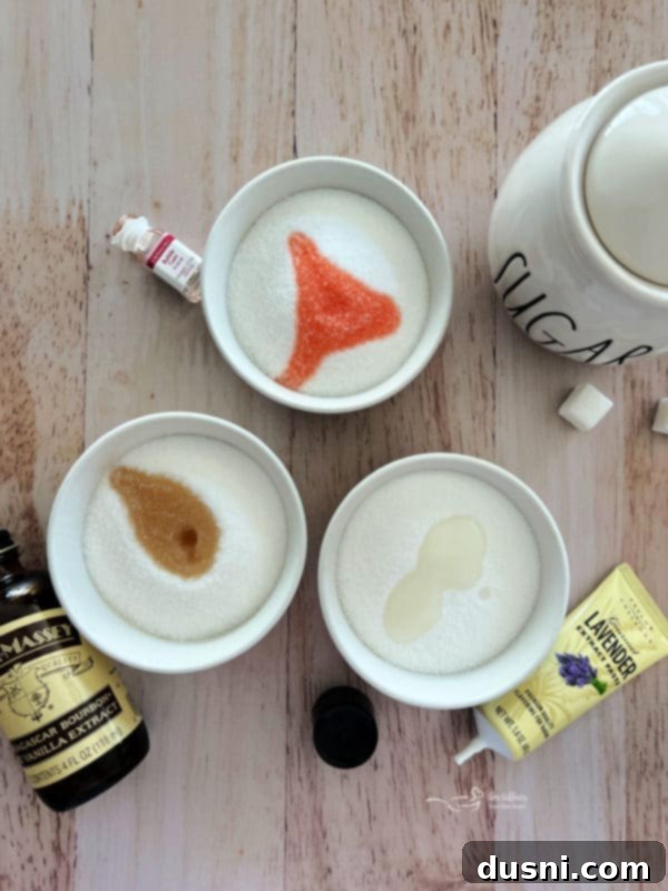 Ekstraktlarla Aromalı Şeker Yapımı 5 A bowl of white granulated sugar with a small bottle of extract next to it, the essential ingredients for flavored sugar.