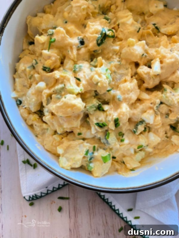 A vibrant bowl of Dorothy's Homemade Potato Salad, featuring creamy potatoes, visible hard-boiled eggs, and green onions, presented on a light background.