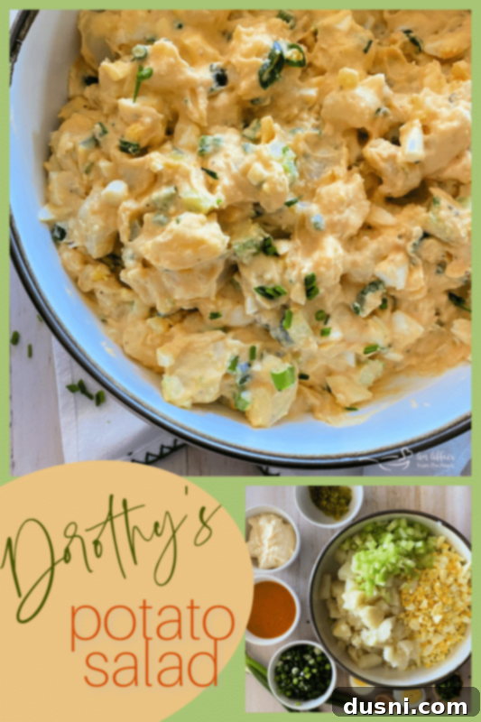 Overhead shot of a large bowl of Dorothy's Homemade Potato Salad, garnished with fresh chives, ready for a gathering.