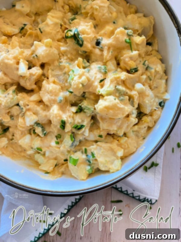 A final close-up of a large bowl of Dorothy's Potato Salad, perfectly mixed and garnished, inviting viewers to make it.