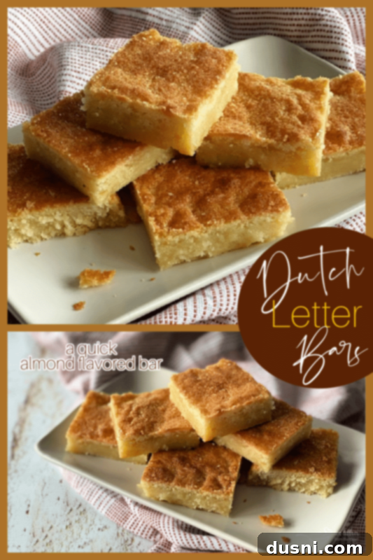 Pinterest graphic: 'Easy Dutch Letter Bars' with a close-up of the dessert