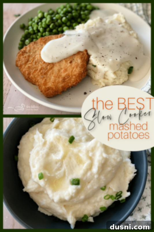 Ultimate Creamy Slow Cooker Mashed Potatoes 18 Pinterest graphic: Southern Fried Chicken and Mashed Potatoes