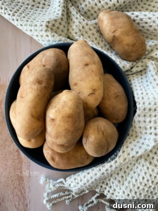 Ultimate Creamy Slow Cooker Mashed Potatoes 8 Top view of russet potatoes in blue bowl, ready for peeling and cubing