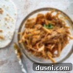 One bowl of tender cilantro lime pork with a tortilla on the side, ready for serving.