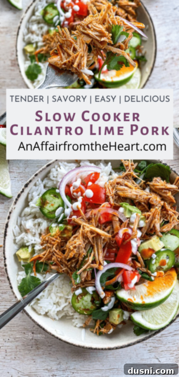 A Pinterest graphic promoting slow cooker cilantro lime pork, featuring an appetizing image and clear text for sharing.