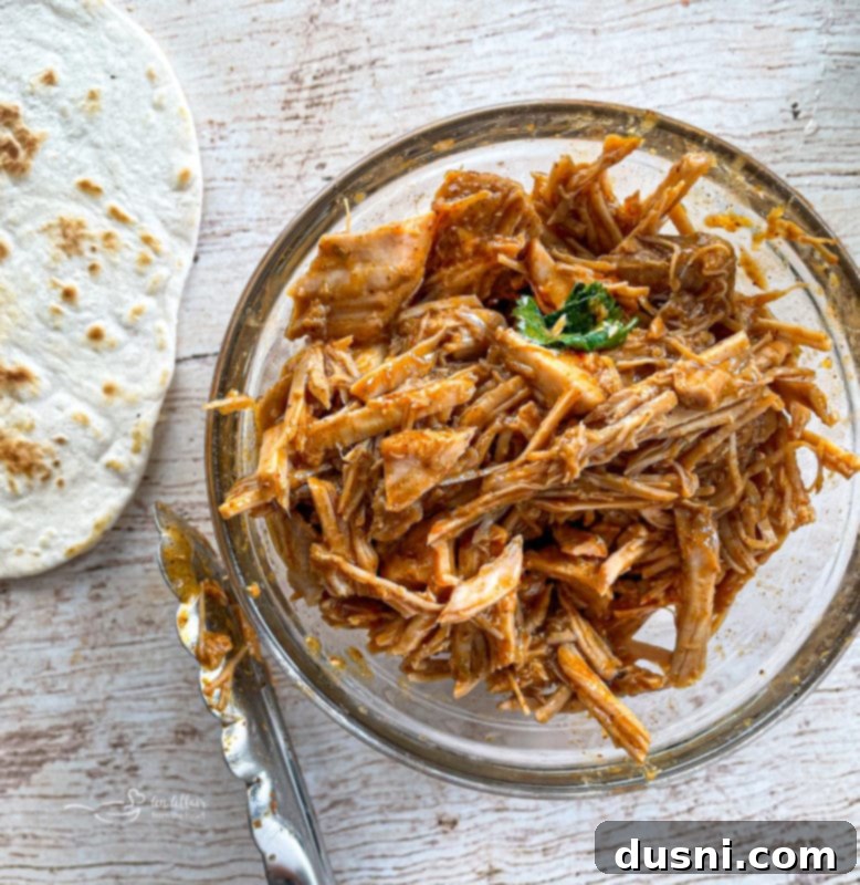 A serving of cilantro lime pork in a bowl with a tortilla on the side, showcasing its delicious presentation.