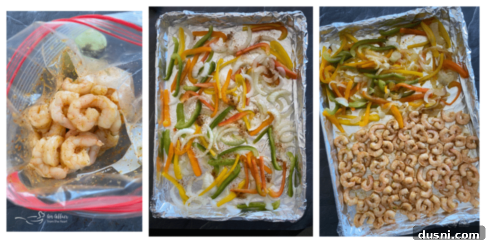 Step-by-step graphic showing the process of making sheet pan shrimp fajitas.