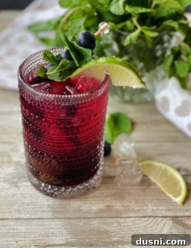 Indigo Berry Refresher 9 A full glass of Blueberry Mojito with a recipe overlay