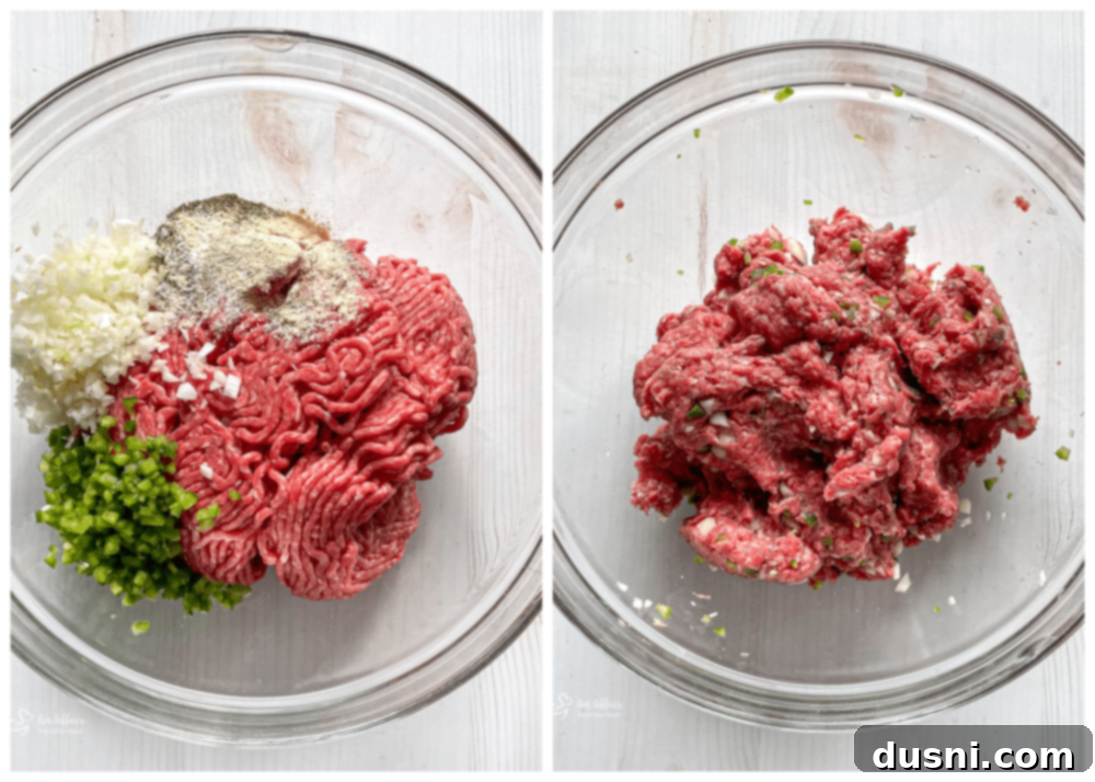 Step-by-step image showing how to mix ground beef with minced jalapeno, onion, and seasonings.