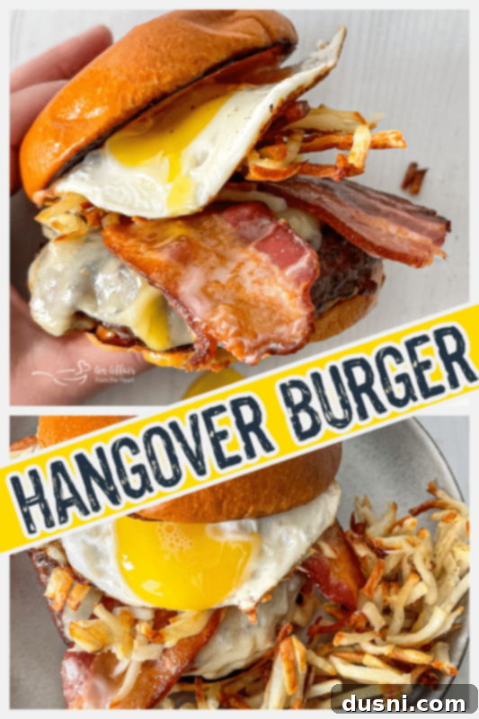 The finished Hangover Burger, beautifully assembled and ready to eat.