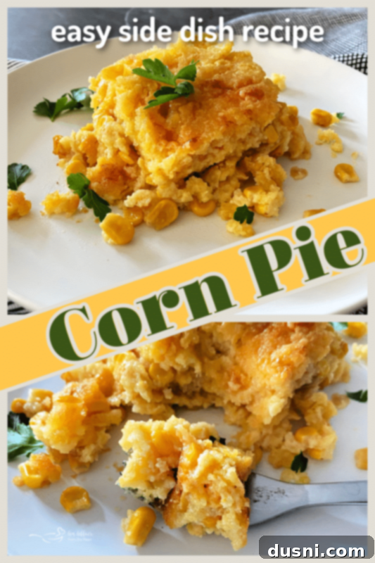 A slice of corn pie pudding on a white plate, garnished with fresh parsley, with text overlay about American Comfort Classics Country Fried Steak