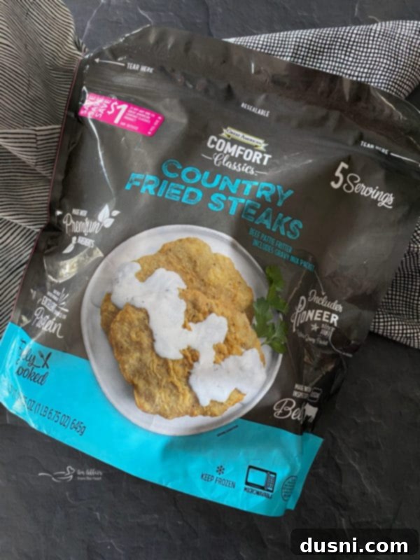 Packaging of Great American Comfort Classics Country Fried Steaks, showing the product and gravy mix