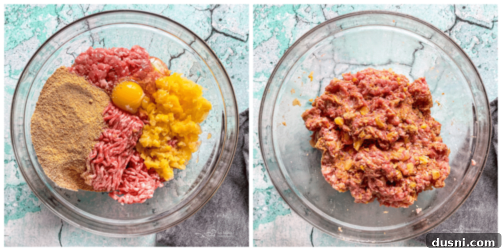 Pineapple Glazed Hawaiian Ham Bites 5 Two bowls of ground meet for ham balls