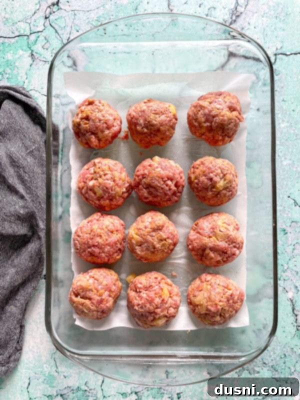 Pineapple Glazed Hawaiian Ham Bites 6 Top view of ham balls in dish