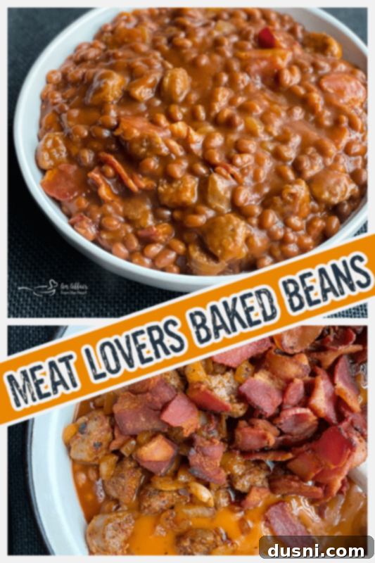 Ultimate Carnivore's Baked Beans 7 Meat Lovers Baked Beans in a white bowl with a spoon