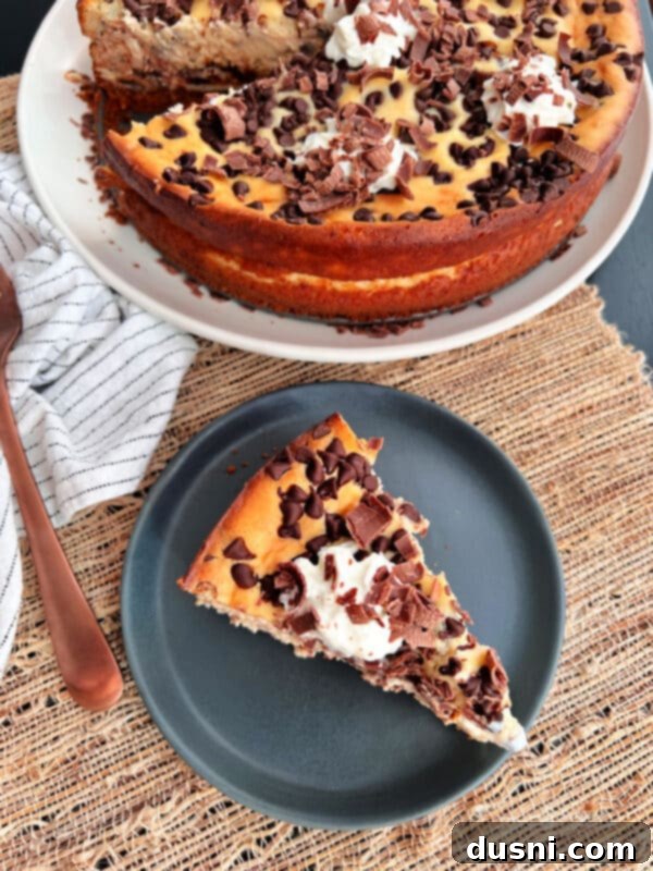 Creamy Irish Dream Cheesecake 2 A slice of Irish Cream Cheesecake on a plate, showcasing the chocolate crust, creamy filling, and chocolate chips.