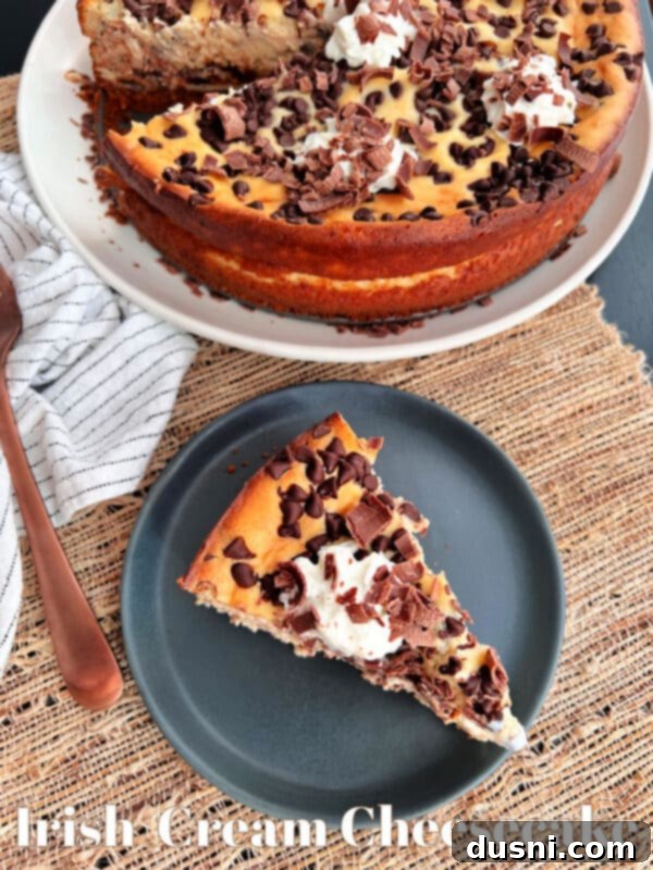 Creamy Irish Dream Cheesecake 13 Close-up of a beautifully decorated Irish Cream Cheesecake with a golden-brown crust.