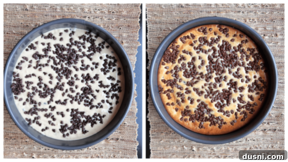 Creamy Irish Dream Cheesecake 9 Cheesecake batter with chocolate chips being poured over the graham cracker crust.