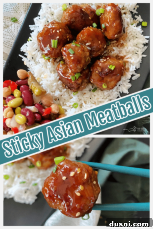 Pinterest graphic: 'Love them? Pin them!' with Sticky Asian Meatballs