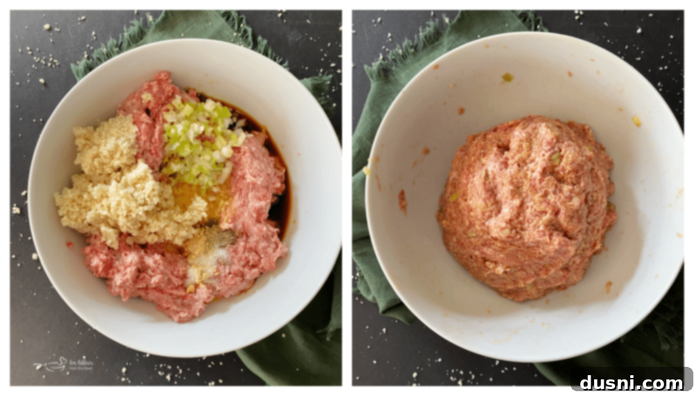 Hands mixing meatball ingredients in a bowl