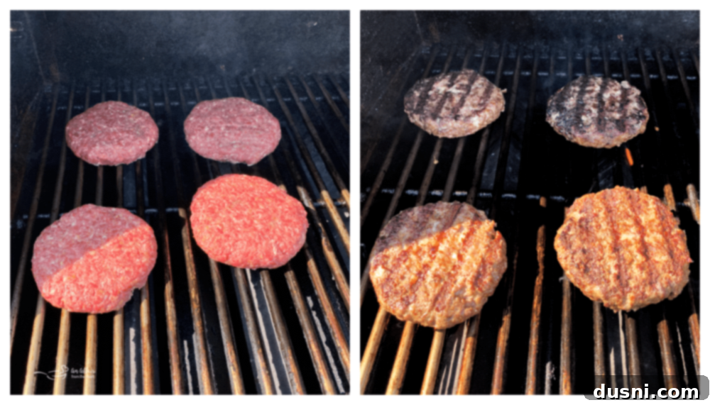 Grilling Swiss Cheese Krautburgers on a hot grill