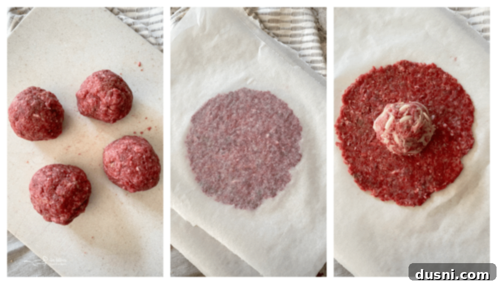 Pressing ground beef patties with kraut and cheese filling