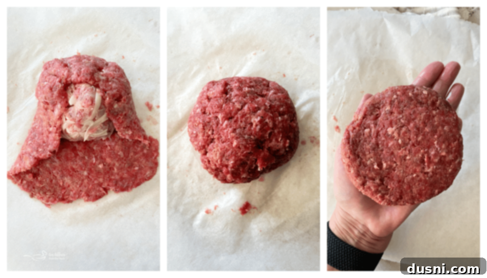 Wrapping kraut and cheese filling in beef patty