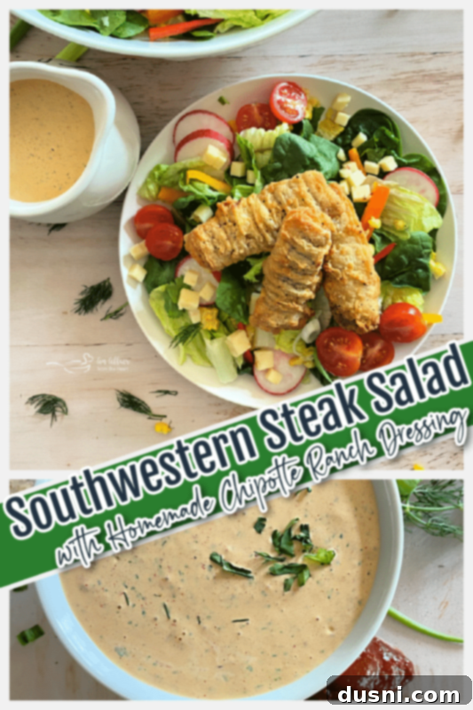 top view of southwestern steak salad with chipotle ranch dressing
