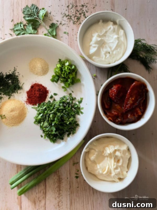 herbs, chili, seasoning, scallions, mayo, adobo sauce, and sour cream