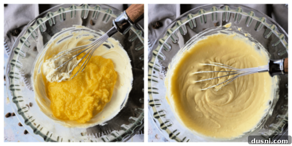 Mascarpone cheese being whisked into cooled custard.
