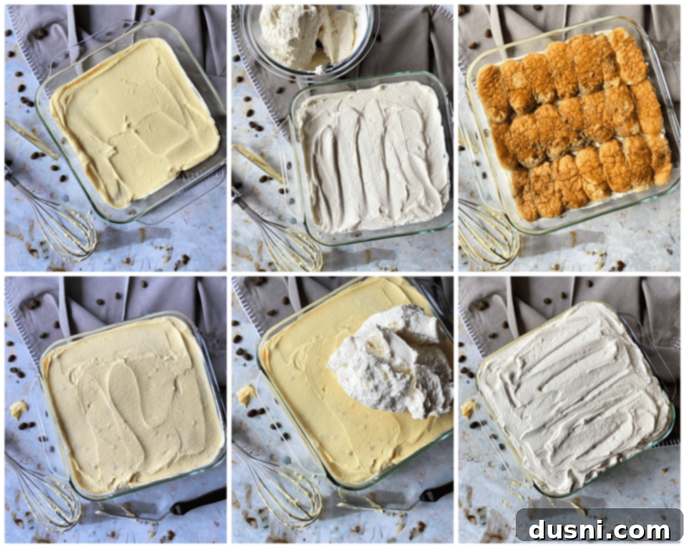 Layers of tiramisu custard and whipped cream over ladyfingers.