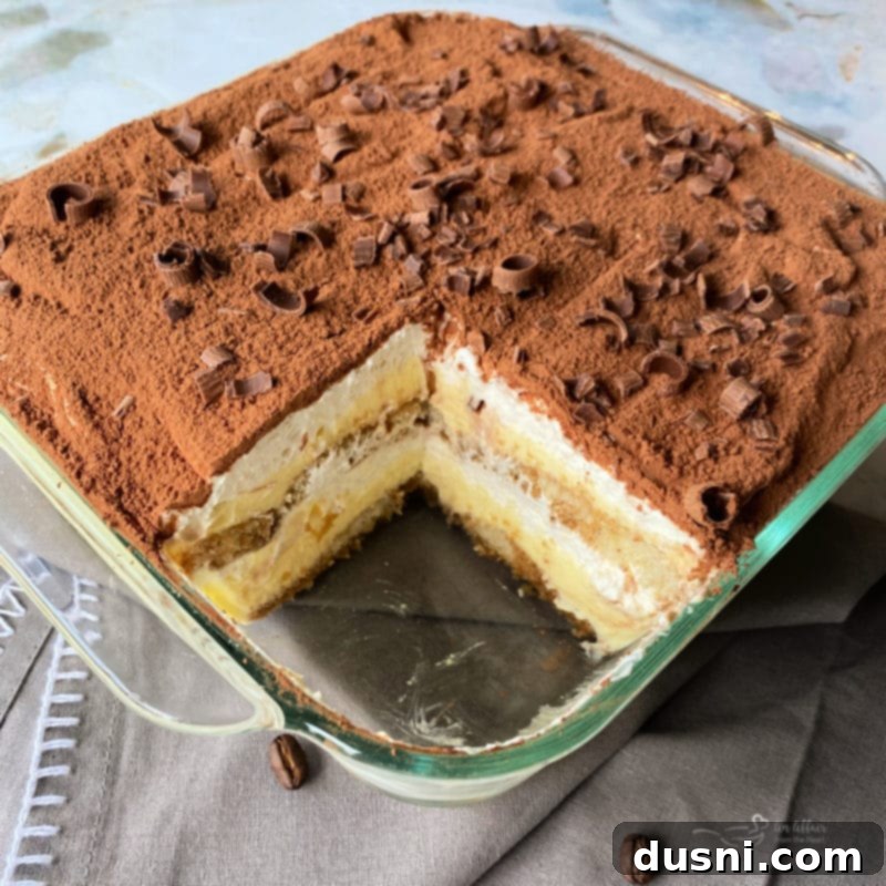 Overhead view of a square dish of tiramisu, topped with cocoa powder.