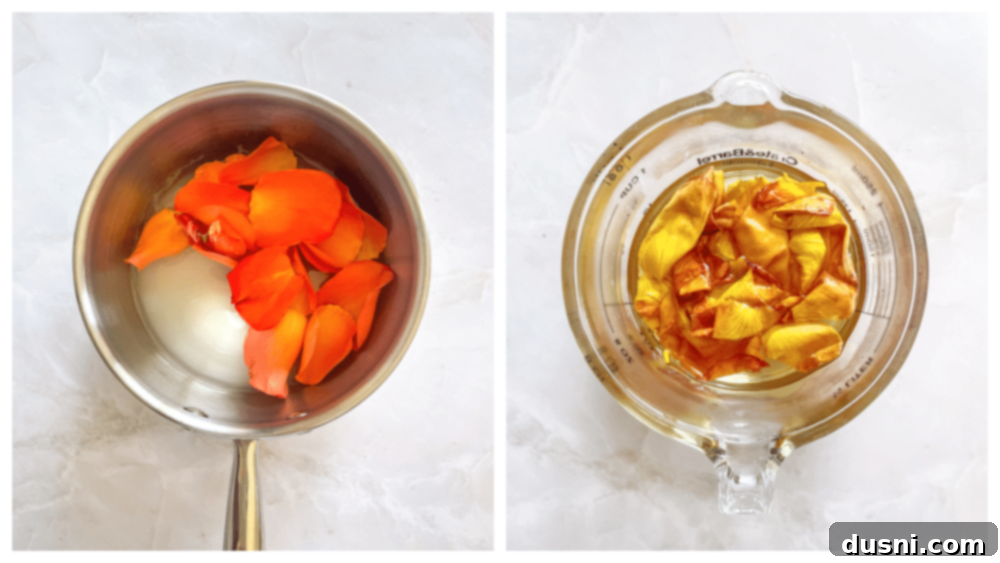 Steps for making rose simple syrup