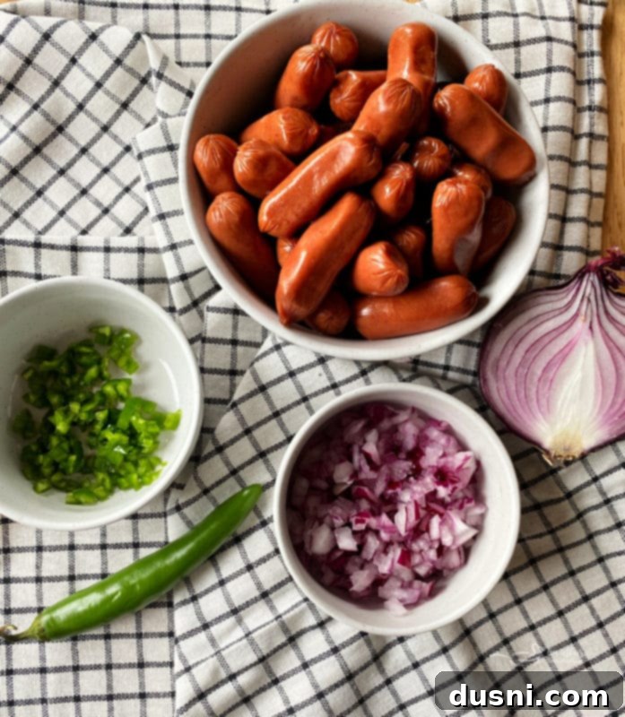 Ingredients for Dorothy's BBQ Little Smokies - sauce, smokies, onion, pepper.