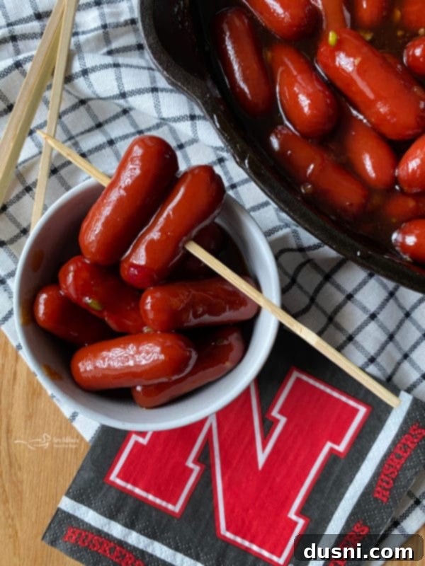 A bowl of Dorothy's BBQ Little Smokies with toothpicks, ready to serve.
