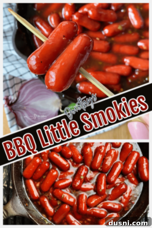 Pinterest pin graphic for Dorothy's BBQ Little Smokies recipe.
