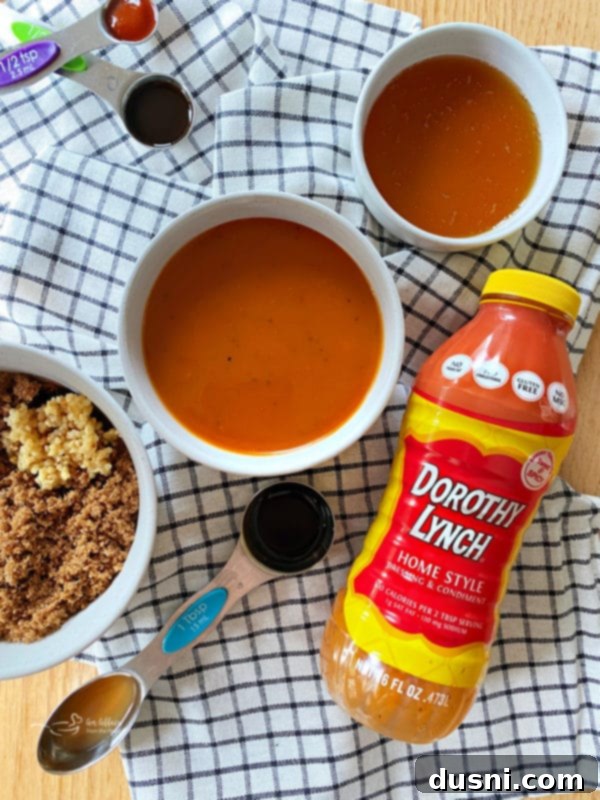 Dorothy Lynch Dressing being poured into a saucepan with other BBQ sauce ingredients.
