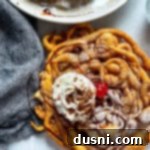 funnel cake with cherry and whipped cream drizzled with chocolate sauce