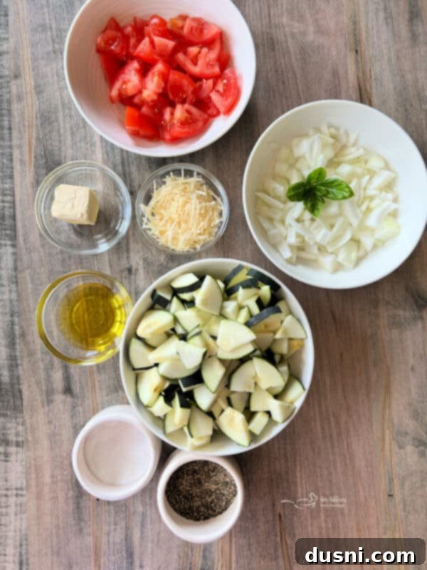 Bonefish Grill Copycat Zucchini and Tomatoes 5 Ingredients for sauteed zucchini and tomatoes laid out.