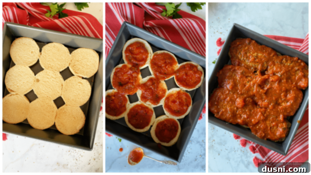 Hearty Italian Meatloaf Sliders 7 Hawaiian buns in a baking dish, with marinara and meatloaf being added
