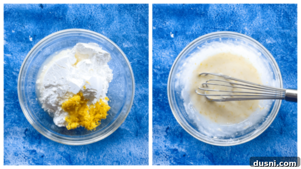 Sunshine Lemon Chewies 12 Making the lemon glaze by whisking powdered sugar and lemon juice.