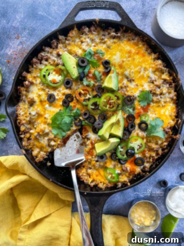 top view of tamale pie in skillet